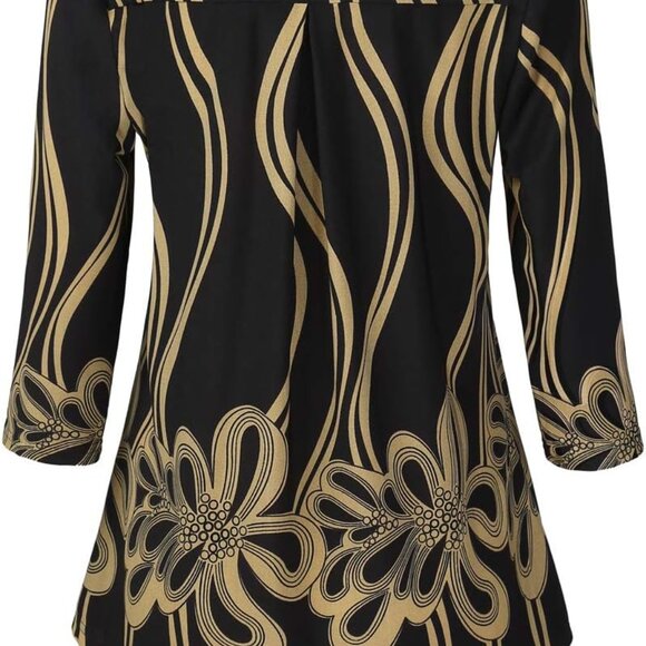 Womens 3/4 Sleeve Floral Printed Notch V Neck Blouses Tunics Tops - Picture 2 of 6